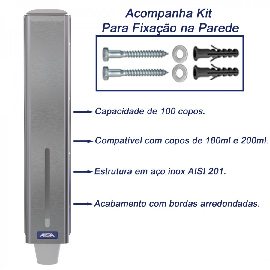 Porta Copos Suporte Dispenser de Copos em Inox 200ml